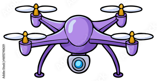 Purple Cartoon Quadcopter Drone with Camera Modern Technology Vector Illustration