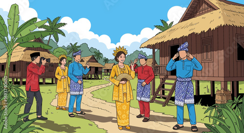 Traditional Southeast Asian Village Scene with People in Cultural Attire and Stilt Houses