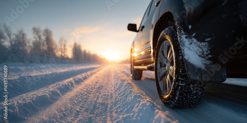 Snowy winter landscape with a pickup truck