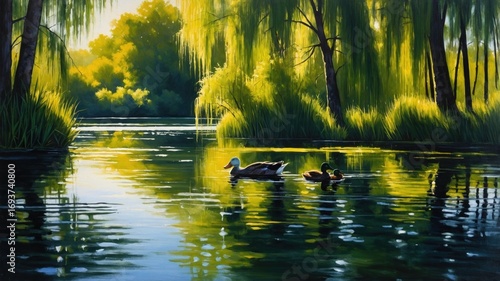 Serene ducks gliding on a tranquil lake surrounded by lush greenery and vibrant reflections
