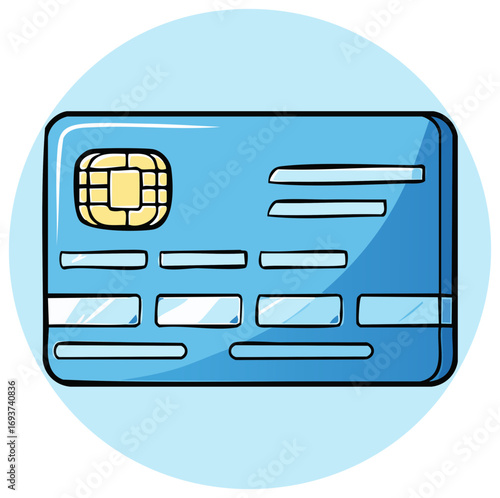 Blue credit card with smart chip cartoon illustration for banking and finance