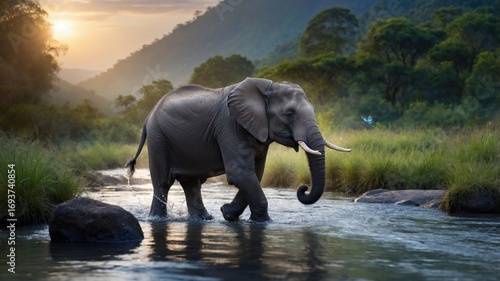 Majestic elephant walking through a serene river at sunset, surrounded by lush greenery and wildlife
