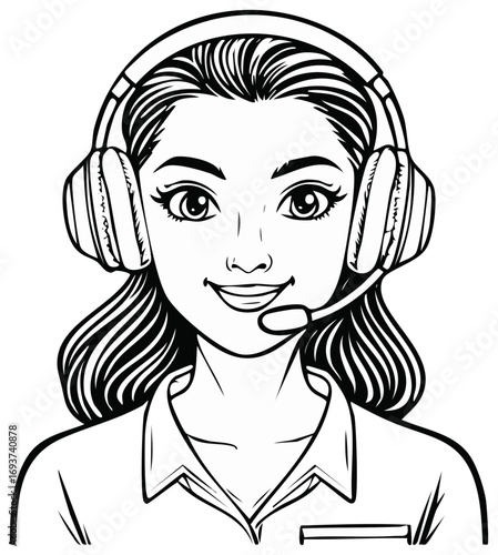 Illustration of friendly woman with headset representing customer service or support in black and white
