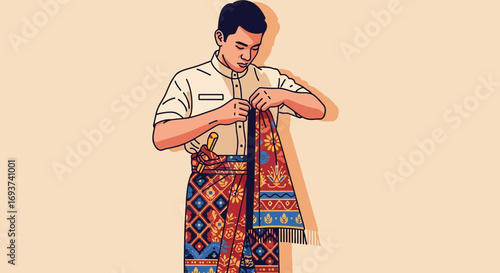 Man Dressing in Traditional Malay Attire with Songket and Keris Dagger