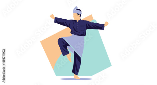 Malay Man in Traditional Attire Performing Silat Martial Arts Vector Illustration