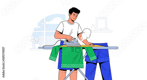 Man Ironing Clothes at Home, Household Chores and Laundry Routine Illustration