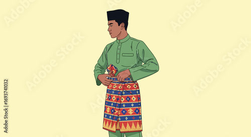Traditional Malay Man Adjusting Sampin Sarong Illustration for Eid Celebration