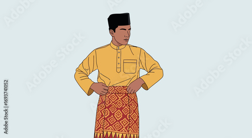 Traditional Malay Man Adjusting Songket Sarong in Baju Melayu Attire Illustration