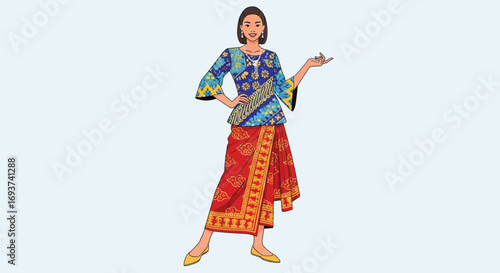 Elegant Woman in Traditional Southeast Asian Cultural Attire. Female Character Wearing Vibrant Batik Patterned Blouse and Sarong Illustration.