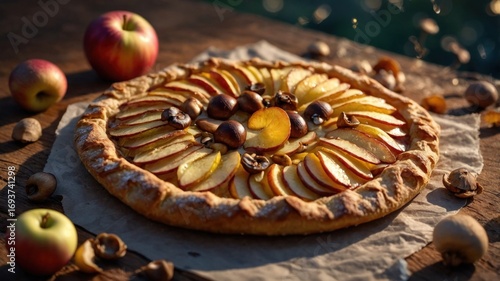 Freshly baked apple galette with sliced apples and chestnuts on a rustic wooden table outdoors