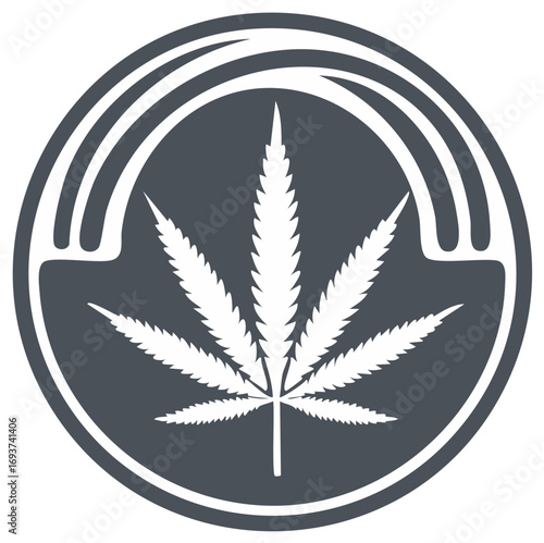 Cannabis leaf emblem within a circle, medical marijuana, gray and white graphic design