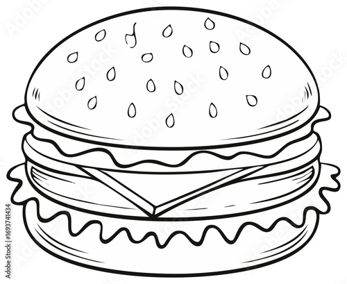 Detailed hamburger line art illustration with bun, patty, cheese, and lettuce for fast food themes