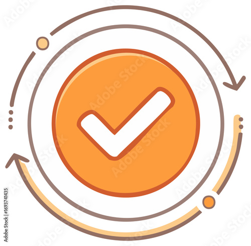 Orange checkmark icon with rotating circular arrows for success cycle workflow