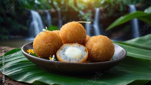 Delicious golden fried dessert balls with creamy filling on a leaf plate near a serene waterfall