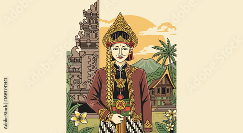 Regal Indonesian Figure in Traditional Attire with Temple & Village Landscape. Cultural Heritage Illustration.