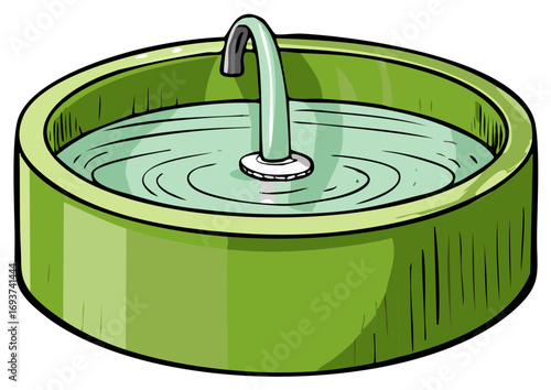 Green Water Basin with Metal Faucet and Rippling Water, Round Container of Water Source