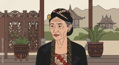 Dignified Elderly Indonesian Woman in Traditional Batik Attire with Cultural Background