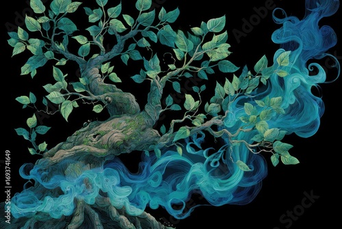 Mystical tree with ethereal smoke