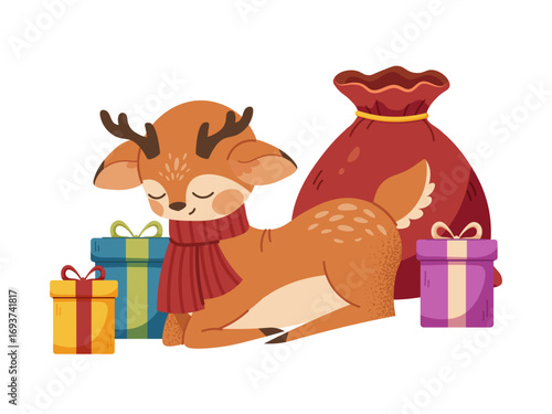 Cartoon Christmas deer with gifts and santa bag. New Year character isolated, stack of gifts