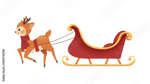 Cartoon reindeer with sleigh and harness. Christmas deer, kids New Year art. Vector character isolated