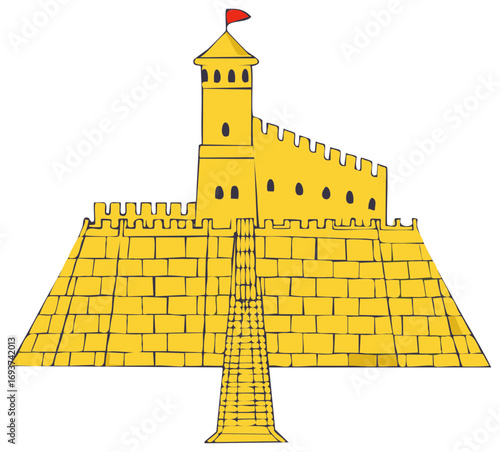 Detailed Golden Castle with Red Flag Illustration, Pyramid Base and Tower, Hand Drawn Quality
