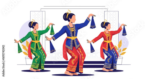 Vibrant Traditional Dance by Three Female Performers in Cultural Attire