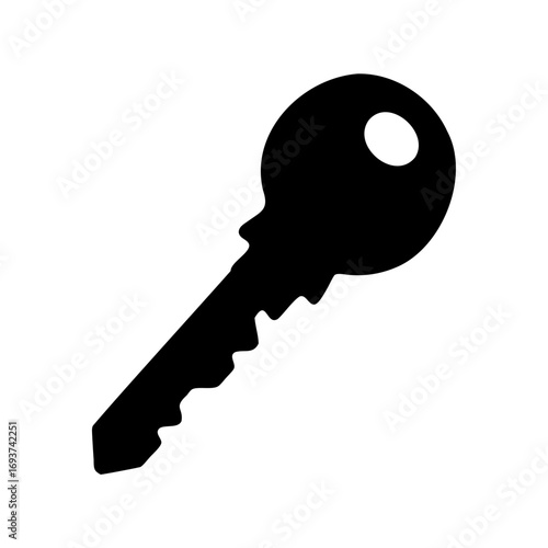 Black silhouette of a standard key on a white background, symbol