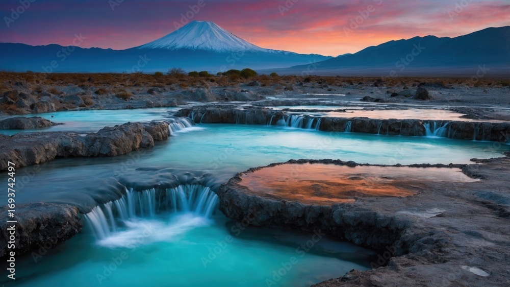 Fototapeta premium Majestic volcano at sunset with vibrant pools and waterfalls in a serene landscape