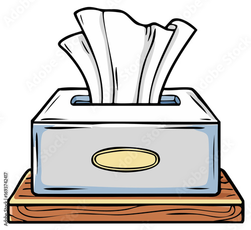 Cartoon tissue box with white paper tissues on a wooden base