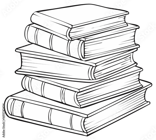 Stack of Books Illustration, Black and White Outline, Education and Reading Concept