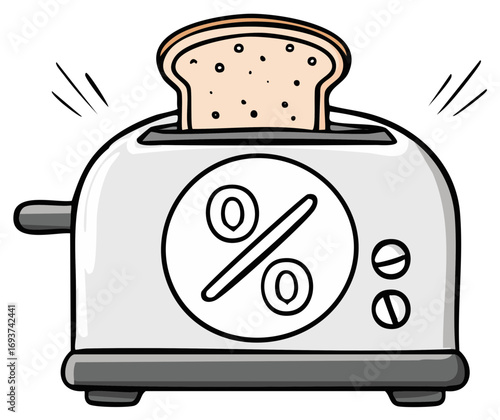 Toaster with percentage symbol and slice of toast popping up