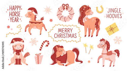 Horses set for New Year of the Red Fire Horse. Cute cartoon horses, drawn ponies for kids. Symbol of the Chinese New Year 2026