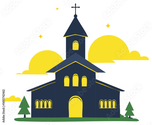 Minimalist blue church illustration with cross steeple yellow sun and clouds