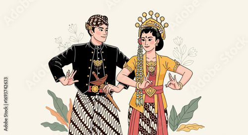 Traditional Javanese Couple Illustration in Elegant Indonesian Cultural Attire