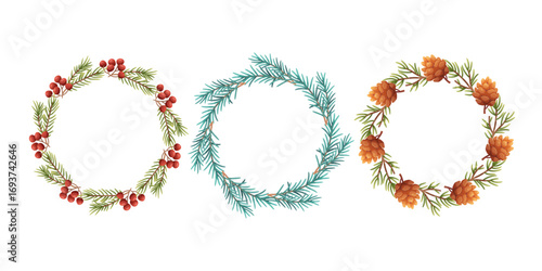 Round wreaths with fir branches and pine cones. Winter greenery, circle frame for design, invitations. Vector template for text