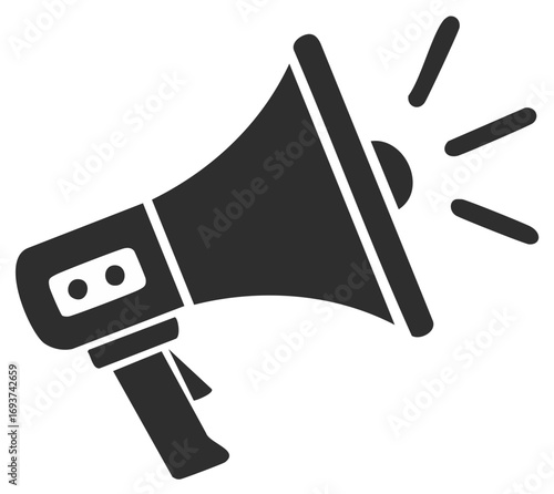 Bold, graphic icon of a dark grey megaphone broadcasting sound waves, representing announcements or alerts