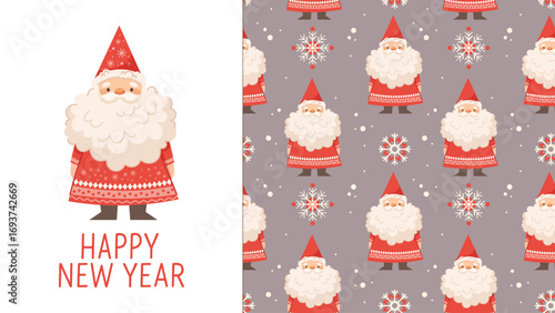 Seamless kids pattern with cute gnomes. Scandinavian dwarf in red suit, snowflakes. Vector print for baby products
