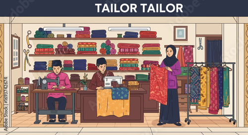 Tailor shop interior with people making traditional clothes, colorful fabrics on display, and sewing machines for custom garments.