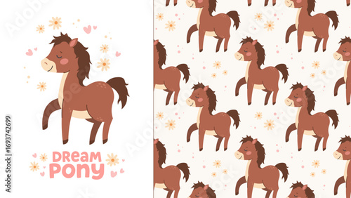 Seamless pattern with cute brown pony and print. Little horse with daisies for children. Pastel pattern for kids products.