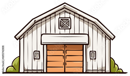 Classic white American farm barn with wooden doors illustration