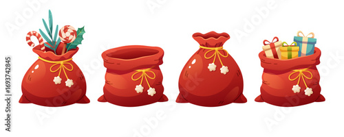 Set of Christmas sack, Santa bag on white background. Red bag with gifts, empty, closed. Vector cartoon flat illustration