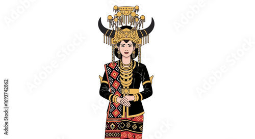 Elegant Woman in Traditional Cultural Attire with Ornate Golden Headdress and Jewelry Illustration