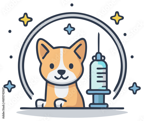 Cute Dog and Syringe for Pet Vaccination Health Care Cartoon Icon