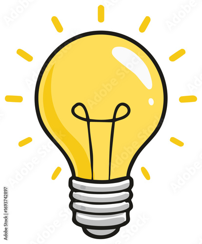 Bright yellow light bulb glowing with inspiration and new ideas visualized