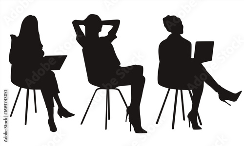 Collection of vector silhouettes of woman on white background. Collection of Different Business Woman Pose Sit Down. Perfect symbol for your web site design, logo, app, UI. Vector illustration, EPS.