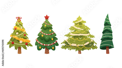 Set of cartoon Christmas trees. Festive tree with garlands and balls on white background. Vector New Year illustration