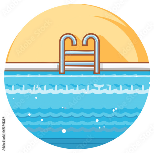 Swimming Pool Illustration Featuring Ladder Water and Beach in Circle Background