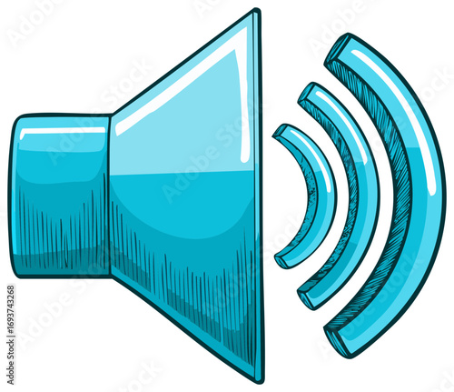 Blue speaker illustration radiating sound waves depicting audio playback and digital communication