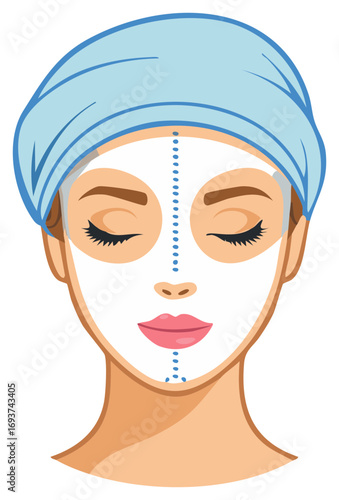 Woman with eyes closed wearing facial mask and headscarf illustration