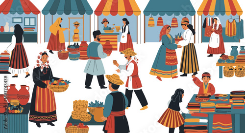 Vibrant Traditional Outdoor Market with People in Folk Costumes. Cultural Fair and Bazaar Illustration.